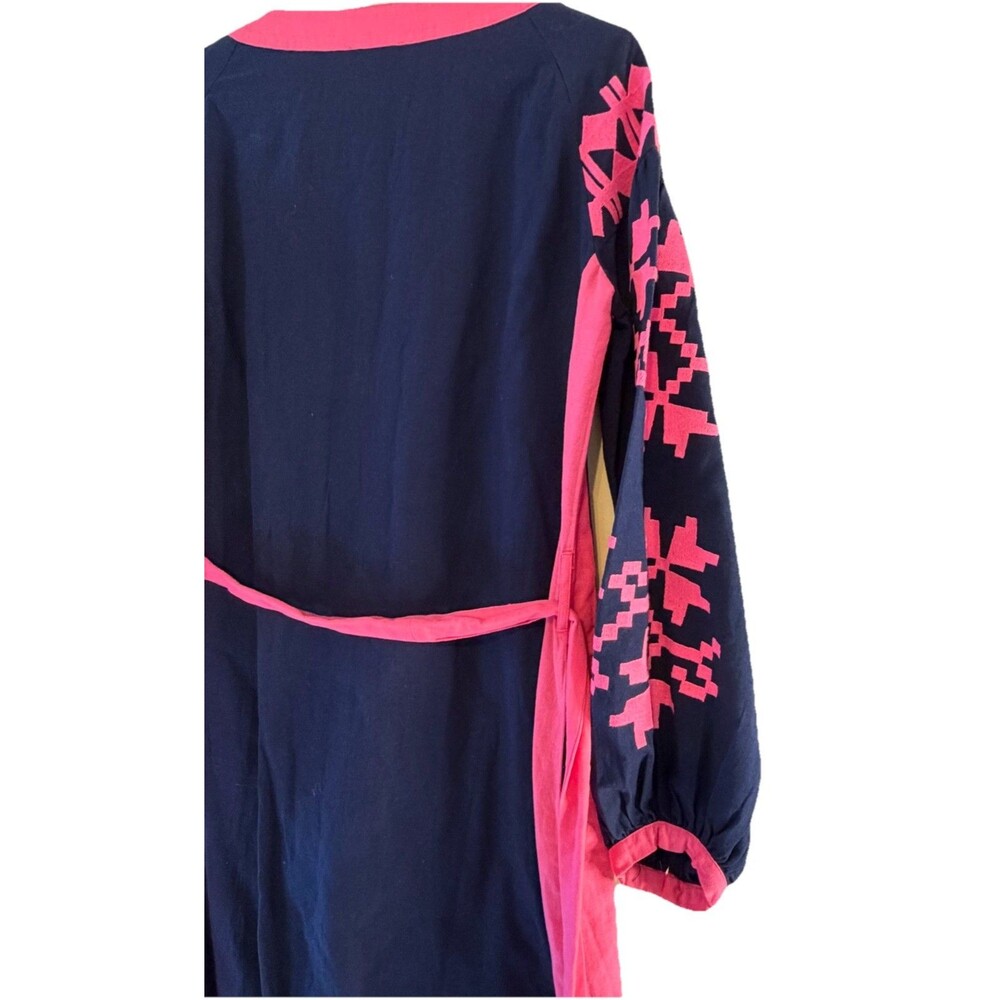 Frances Valentine XS Navy Pink Embroidered Linen Cotton Midi Dress Belted - Picture 6 of 11